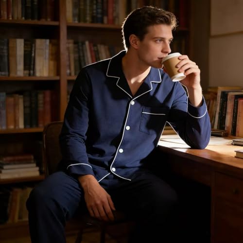 Image of U2SKIIN Mens Cotton Pajama Set, Soft Long Sleeve Pajamas for men Lightweight Button Up Sleepwear Lounge Pjs Set with Pockets