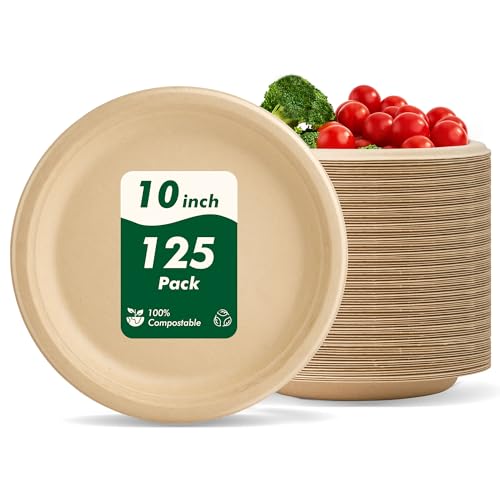 CELLURA 10 Inch 125 Count Disposable Paper Plates Heavy-Duty Compostable Paper Plates Sugarcane Fiber Round Unbleached Brown Plates Party Dinner Plates Eco-Friendly Microwavable