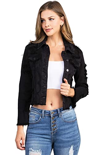 Cello Jeans Women's Juniors Heavy Distressed & Ripped Jean Jacket