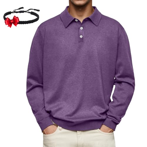 Men's Casual and Comfortable Solid Color Lapel Long Sleeve Polo Shirt, Cardigan Men
