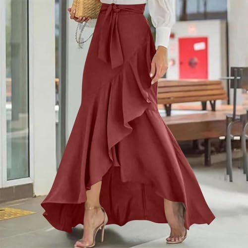 JOAU Women's Tie Waist Wrap Maxi Skirts Elegant Adjustable High Waist Irregular Ruffle Hem Flowy A-Line Long Skirt2