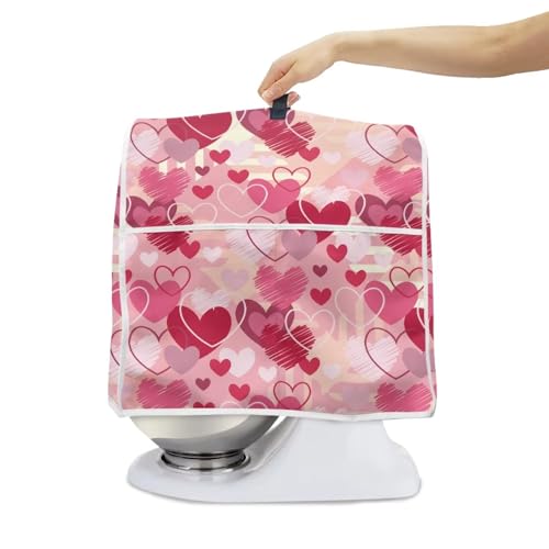 JOAIFO Kitchen Aid Mixer Cover for 5 Qt Stand Mixer - Washable Pink Heart Cover with Organizer Pockets, Valentine's Day Decor