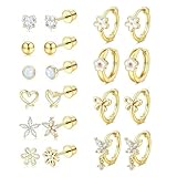 10 Parejas de Pendientes Hipoalergénicos de Acero Quirúrgico 316L – Aros y Tachuelas Dorados de 14K con Cierre de Rosca para Mujeres y Niñas, Diseños de Corazón, Flor y Circonitas, Orejas Sensibles