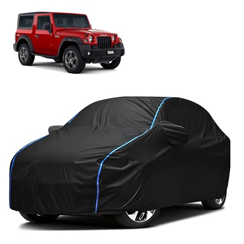 Image of Kerwa Car Body Cover Waterproof with Thar, Dust & UV Resistant All-Weather Proof Full Body Cover, Black with Blue Lining, Triple Stitch Elasticated Bottom with Mirror Pocket