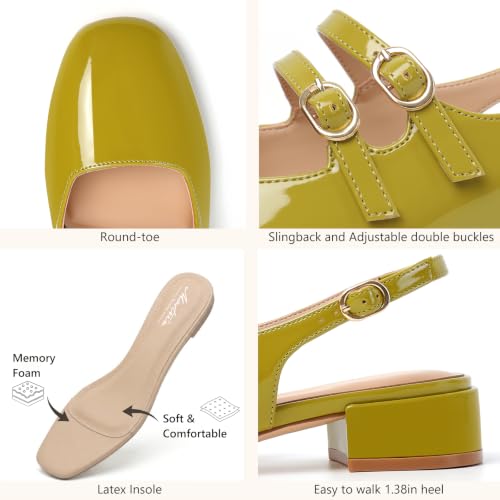 Image of Mostrin Mary Jane Shoes Women Slingback Chunky Low Heels for Women Closed Rounded Toe Ankle Strap Pumps Daily Wedding Party Dress Shoes