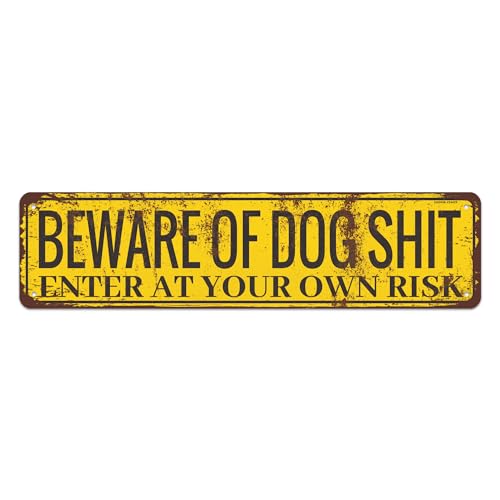 Funny Dog Warning Sign Beware of Dog Shit Enter at Your Own Risk Vintage Rustic Aluminium Metal Sign Wall Decor for Home Farmhouse Dog Hosue Yard Pet Shop 16x4 Inch