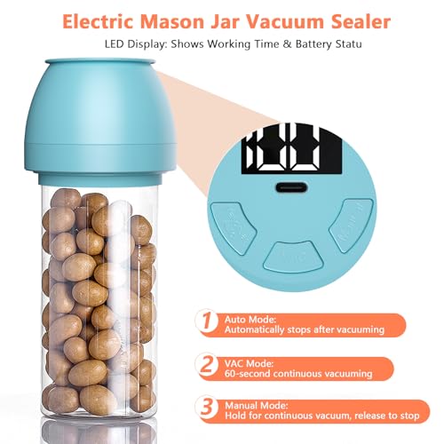 Image of FUTUREZEN Electric Mason Jar Vacuum Sealer for Regular and Wide Mouth, Blue | automatic vacuum sealing, food preservation, bottle opener, USB-C cable, jar lids