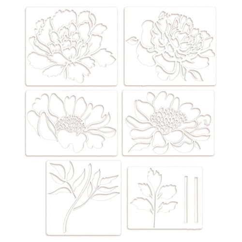 6 Pcs Large Flower Stencils for Painting Walls, Peony Pattern Reusable Floral Stencil Templates for Garden Fence, Wood Furniture Fabrics
