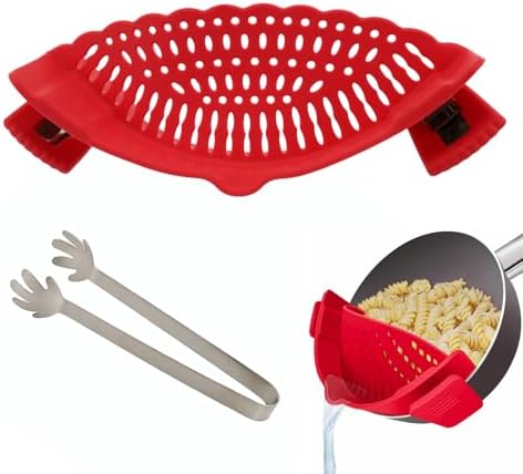 Clip On Strainer Silicone and Food Clip - Pot Strainer Clip On for Draining Pasta, Vegetables & Meat - Heat Resistant Silicone Colander, Dishwasher Sa...