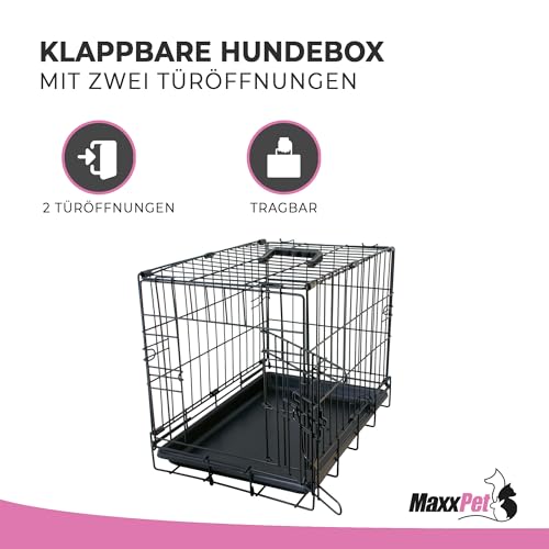 MaxxPet Hundebox Faltbar - Hundekäfig für Zuhause - 2 Türen - Hundetransportbox - Gitterbox Hund - Transportbox Hund & Katze - Faltbarer Schwarzer Metall - 78x48x56 cm - Schwarz