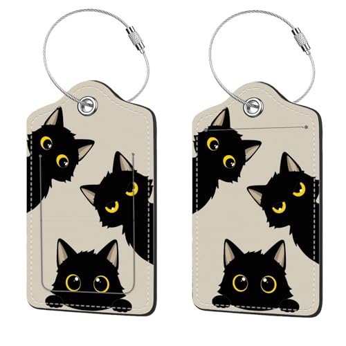 2 Pcs Luggage Tags for Suitcase, Cute Unique PU Leather Travel Bag Tag with Privacy Cover ID Label Address Card and Durable Metal Ring Suitable for Men Women Children Backpack,Three Black Cats