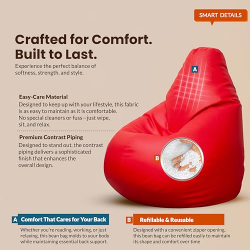 Image of Sattva Classic 4XL Bean Bag Chair with Beans Filled | Faux Leather Sofa Style Bin Bags Chair with Beans Filling | Comfort Beam Bag Sofa for Adults & Teens, Living Room & Office - Red