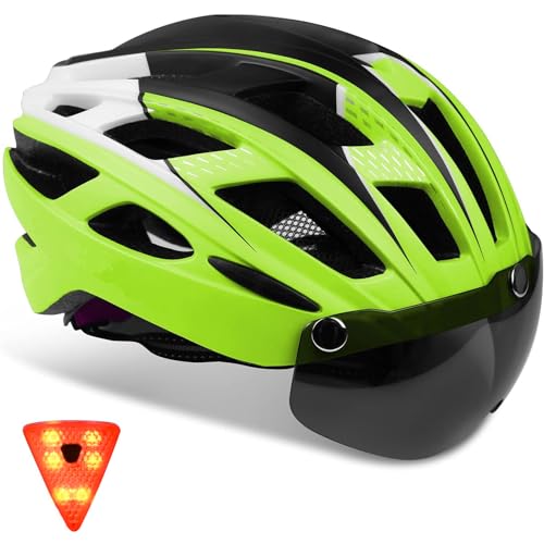 Kinglead - casco da bici con luce di sicurezza e visiera protettiva, certificato CE, unisex, per ciclismo, equitazione, sport all'aria aperta, di sicurezza, regolabile, unisex, Green black white