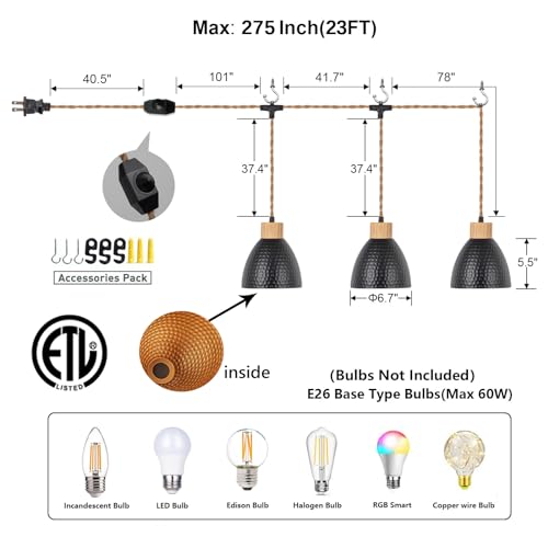 Image of 3-Light Plug in Pendant Light 22FT Industrial Hanging Lamp with Twisted Hemp Rope Independent Triple Switch Hanging Light Chandelier for Dining Room Kitchen, Black Finish