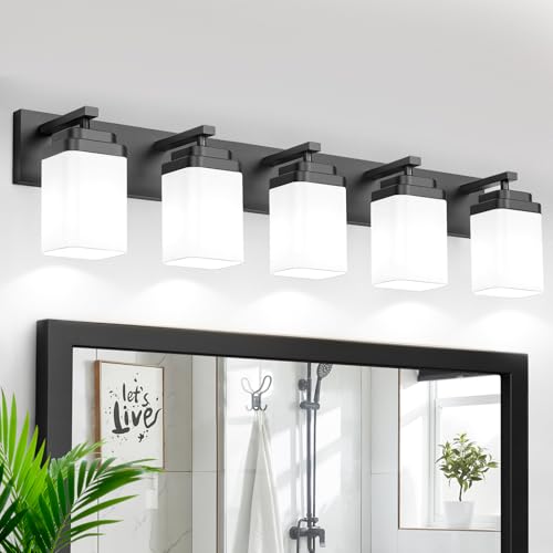 Image of Matte Black Bathroom Light Fixtures, 5 Lights Bathroom Lighting Fixtures Over Mirror, Square Design & Rectangle Large Backplate, Modern Vanity Lighting Fixtures, for Living Room /Bedroom