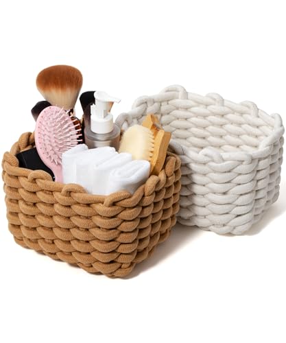 Small Cotton Rope Basket 2 Pack Woven Decorative Storage Bins for Shele Table Desk Bedroom Vanity Ideal for Gift Basket White & Khaki 7x5.5x5 Inches