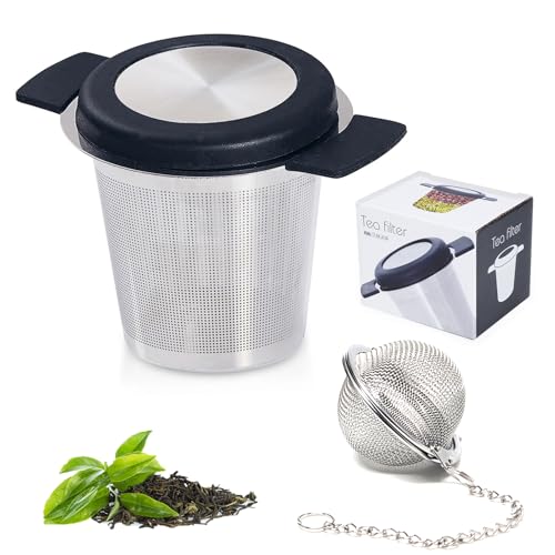 Stainless Steel Tea Infuser & Tea Strainer Ball Set,Double-Handle Tea Filter with Lid and Fine Mesh,Gifts for Tea Lovers (Black)