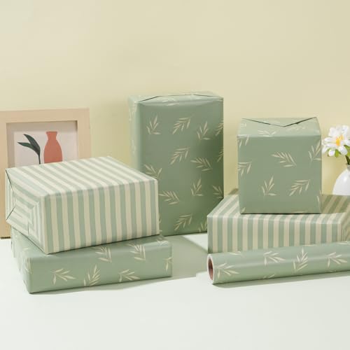 ZINTBIAL Reversible Gift Wrapping Paper Roll - Light Green Background with Beige Leaves - Green Stripe Design - for Birthdays,Weddings,Baby Showers,Mother\'s Day,Christmas - 17.5\" x 33\' (48 sq. ft.) - Thumbnail 6
