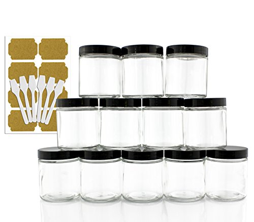 4oz Clear Glass Straight Sided Jars w Spatulas & Labels (12-pack); Refillable Cosmetic Containers w BPA-free Black Plastic Lids