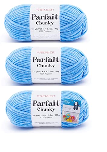 Image of Premier Yarns Parfait Chunky Chenille Yarn 3.5 Oz 6 Super Bulky Weight 3 Pack Bundle with Bella's Stitch Place Holders (Blue)