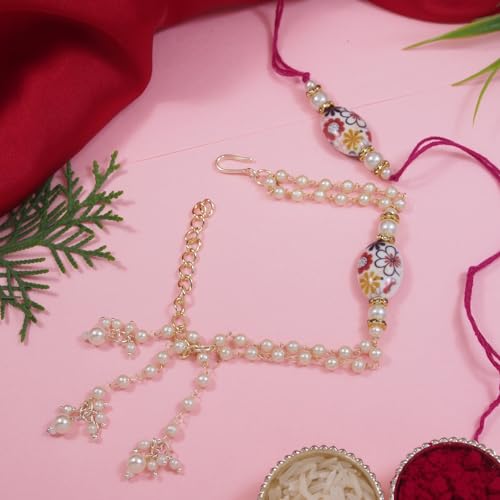 Image of I Jewels Pearl Bhaiya Bhabhi Lumba Rakhi Bracelet Combo Set With Roli Chawal & Rakshabandhan Greeting Card