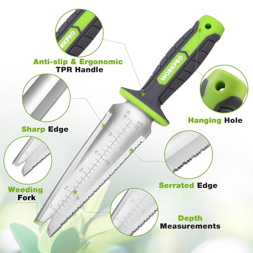 WORKPRO Tuintroffel met V-inkeping punt, 30 cm Hori Hori tuinmes met ophanggat, dubbelsnijdend blad, multifunctioneel onkruidtrekgereedschap met Oxford schede voor wieden, graven, wortelsnijden - Afbeelding 4