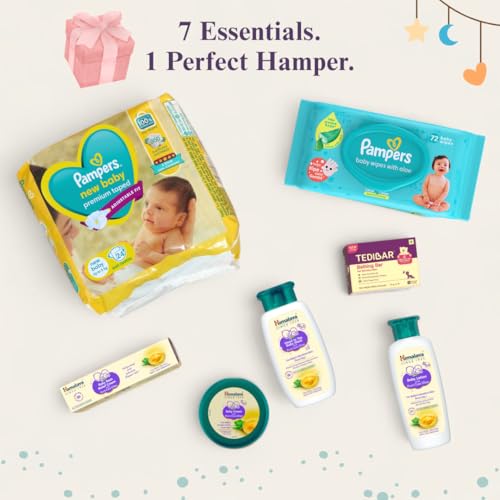 Image of GIGGLEBOX Premium Baby Gift Hamper | Pampers Newborn Diapers & Wipes, Himalaya Baby Care With Pure Cow Ghee & Tedibar Soap | Essential Baby Care Set For Gifting & Daily Use,7 Count