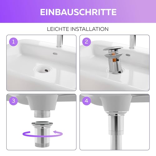 2 STK. Ablaufgarnitur Waschbecken mit Überlauf Pop Up Ventileinsätze für Waschtisch - Chrom Ablaufventil mit 4 Ersatzdichtungen aus Messing für Waschbecken Abflussgarnitur M. ROSENFELD HOME