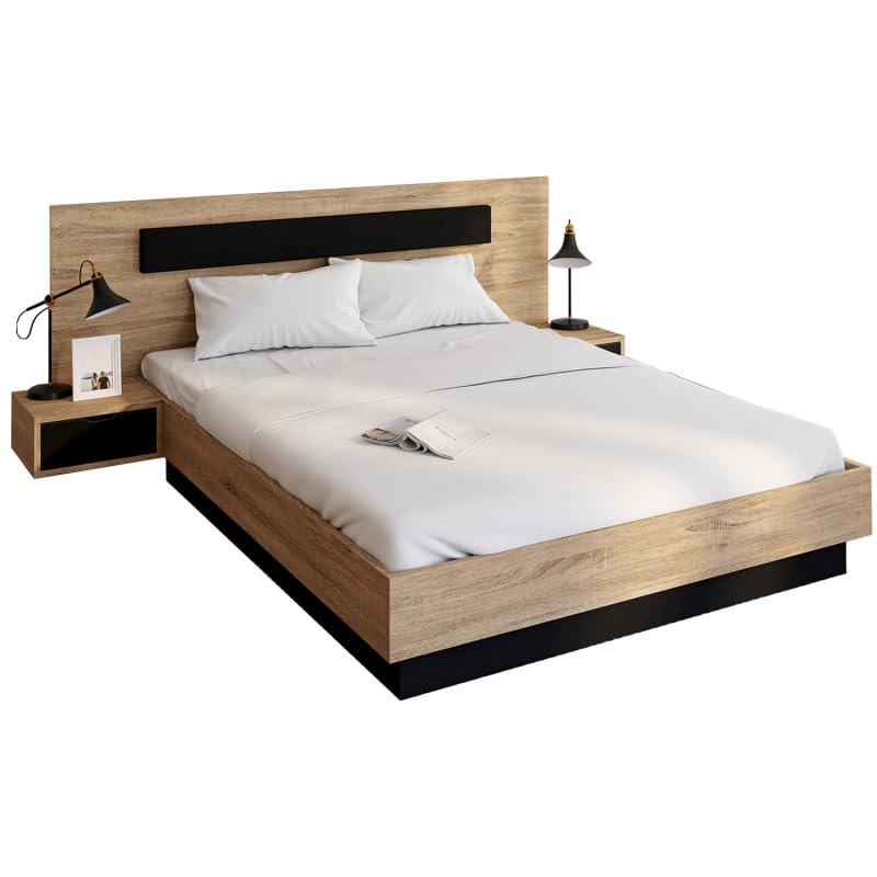 IDMarket - Lit Double Santa 140 x 190 cm tête de lit avec chevets Suspendus et sommier Bois et Noir