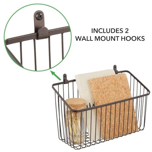 Image of 2875 Portable Metal Farmhouse Wall Decor Angled Storage Organizer Basket Bin for Hanging in Entryway, Mudroom, Bedroom, Bathroom, Laundry Room - Wall Mount Hooks Included, Small - Black