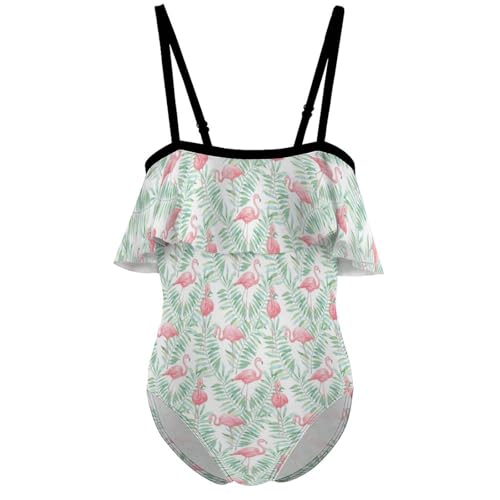 Flamingo and Tropical Leaves Girls One-Piece Swimsuits Beach Bathing Suits Adjustable Swimwear for 6-12 Years