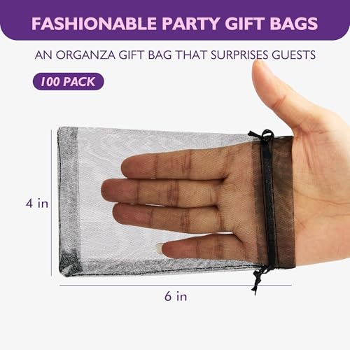 Image of PACKINNO 100pcs Black Organza Bags, Sheer Organza Bags 4x6 Inch, Small Mesh Bag, Drawstring Gift Bags for Party, Candy, Christmas, Festival, Bathroom Soaps, Makeup, Jewelry