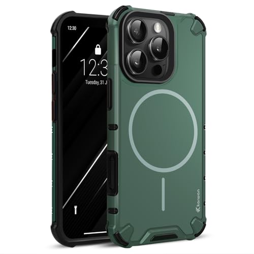 Image of KARWAN Tough Shockproof Back Case Cover Compatible with iPhone 16 Pro Max Dual Layer Armor Protection with Matt Finish,Edge Guard Bumper Heavy Duty Cover with Magnetic MagEase Wireless Charging(Green)