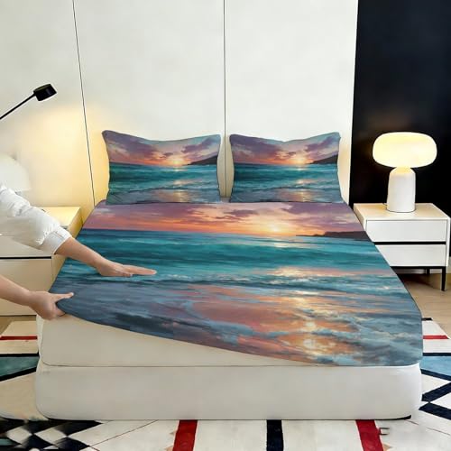 Drap housse microfibre 3D coucher de soleil océan 90x200x25cm - 7