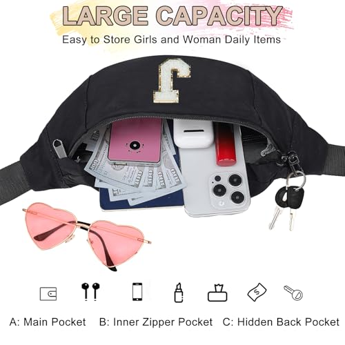 Image of Birthday Gifts for Women Men,Personalized Fanny Pack Crossbody Bag Waist Pack with Initial Letter Patch,Christmas Gifts Cute Trendy Stuff for Daughter Sister Her,Black J