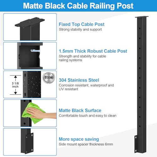 Image of 36 inch Side Mount Cable Railing Post Kits Include 2Pack Flat Top Level Drilled Cable Posts, 150FT Wire Rope, Black Fascia Mount Cable Railing System, 1 /8 inch Stainless Steel Wire Railing Kits, RG71