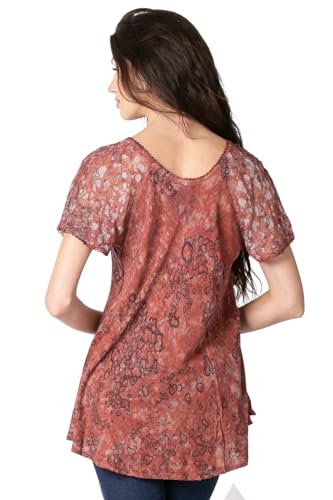 Image of Sakkas Ash Speckled Tiedye Embroidered Cap Sleeve Blouse Top with Embroidery Hems