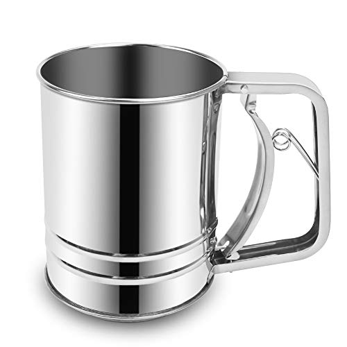 Stainless Steel Flour Sifter for Baking 3 Cup Hand-held Squeeze Sifter Double Layers Sieve with Hand Press Handle