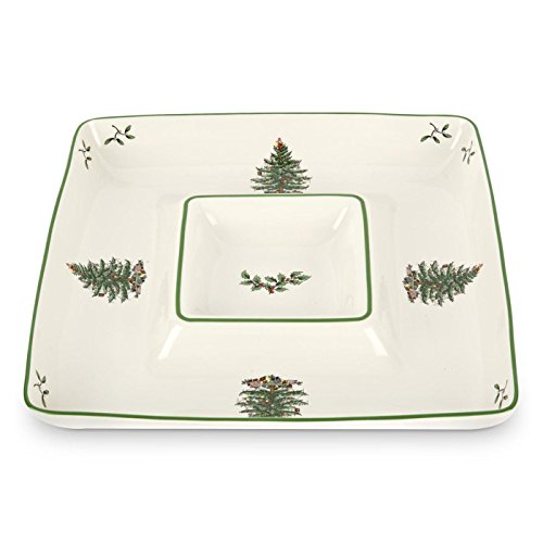 Spode Christmas Tree 12 Inch Square Porcelain Chip & Dip - Porcelain Serving Platter for Cheese, Appetizers, Chips, Salsa - Dishwasher Safe - Ideal for Indoor & Outdoor Holiday Entertaining