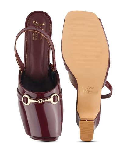 Image of JM LOOKS Sophisticated Patent Finish Block Heel Sandals with Elegant Metallic Horsebit Detail and Secure Slingback Strap