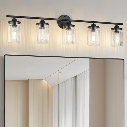 Image of Jonsi Bkack Bathroom Light Fixtures 5-Light Vanity Lights Modern Wall Sconce with Clear Glass Shade Bathroom Light Fixture Over Mirror for Bedroom Hallway Kitchen