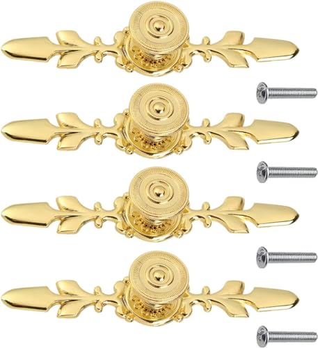 Flylin Lot de 4 poignées de meuble dorées vintage en alliage de zinc pour portes, meubles, poignées d'armoire dorées pour meubles/tiroir/armoire/commode/armoire avec vis