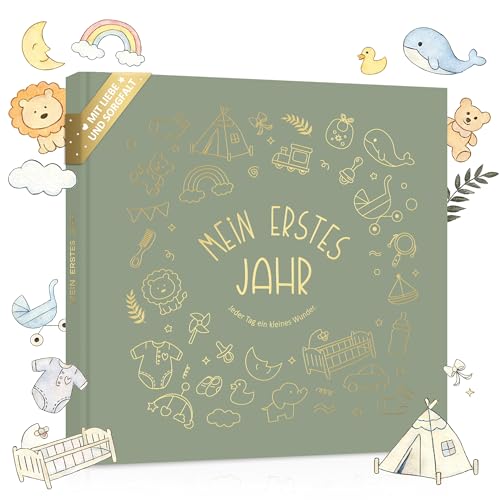 BIROYAL Mein Erstes Jahr Babyalbum - Hardcover 120g Papier & 21x21cm Format - 25+ Foto-Einklebeplätze & 95 Seiten Für 0-1 Jahre Baby & Geburt Geschenk Goldprägung & Doppelschleifen-Lesezeichen