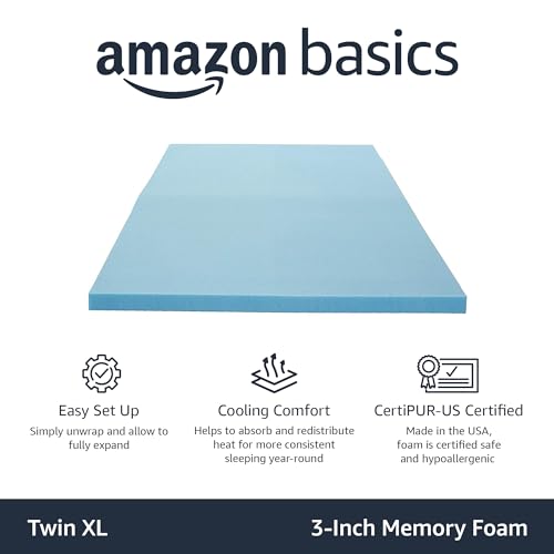 Image of Amazon Basics Twin XL Cooling Gel-Infused Memory Foam Mattress Topper, CertiPUR-US Certified, 3 Inches, Blue