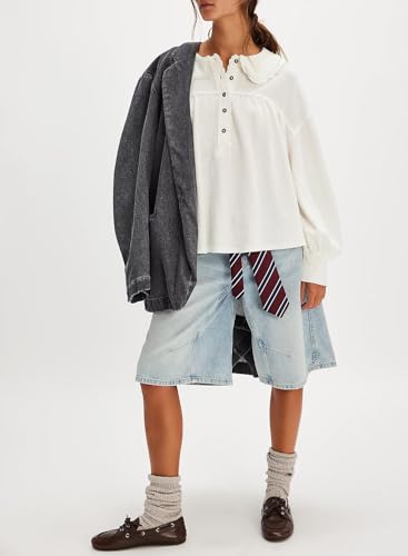 Women's Waffle Knit Tops Collared Solid Color Pullover Long Sleeve V Neck Loose Tunic Babydoll Top Blouse4