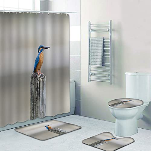 Duschvorhang Blauer Vogel Badezimmerteppich 4-Teiliges Set, Duschvorhang 180x180 Polyester+Badematte rutschfeste(50x80…