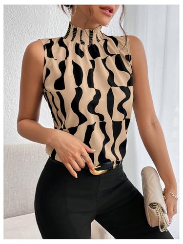 Floerns Women's Geo Print Sleeveless Vest Frill Trim Mock Neck Elegant Blouse Tops4