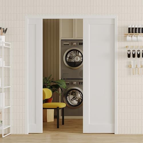 Image of Sliding Pocket Door, 60in.(Double 30 in.) x 80 in, 1-Panel Core with Frame and Hardware Kit Set, Interior Doors for Pocket Door, White Primed - No Panel Assembly Required