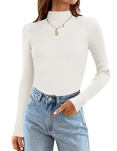 ZESICA Women's 2024 Fall Long Sleeve Turtleneck T Shirt Ribbed Knit Sweater Slim Fit Basic Casual Tee Tops,White,Medium