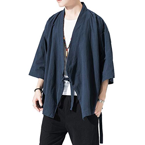 Image of PRIJOUHE Men's Kimono Jackets Cardigan Lightweight Casual Cotton Blends Linen Seven Sleeves Open Front Coat Outwear